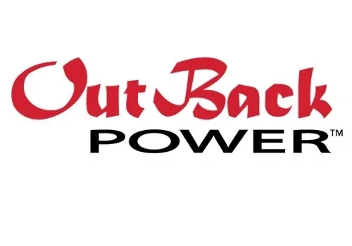 A red and black logo for outback power.