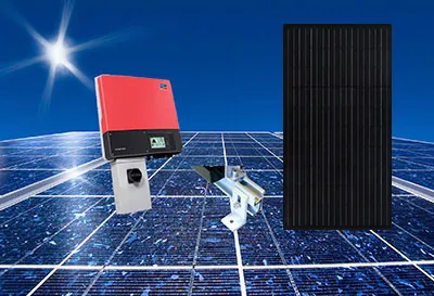 A solar panel and a red power supply on top of a blue sky.