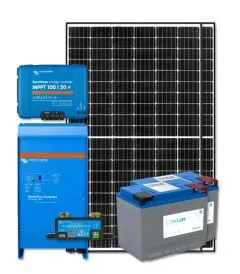 A solar panel and battery with blue power box